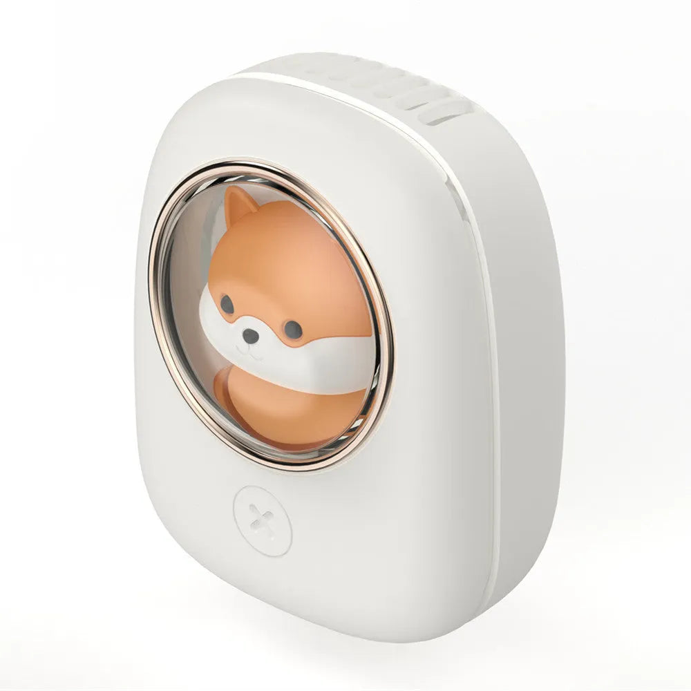 Portable hanging neck fan with USB charging port showing three speed controls and cute animal design