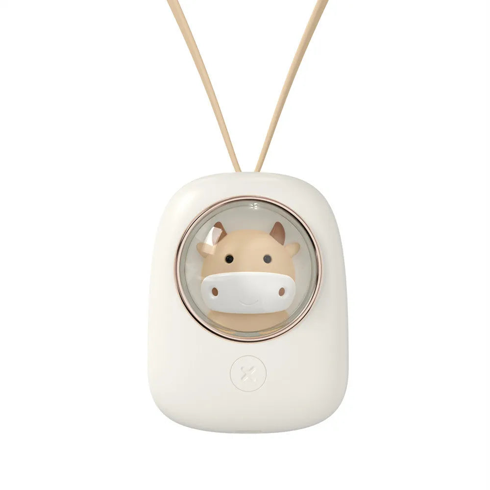 Portable hanging neck fan with USB charging port showing three speed controls and cute animal design