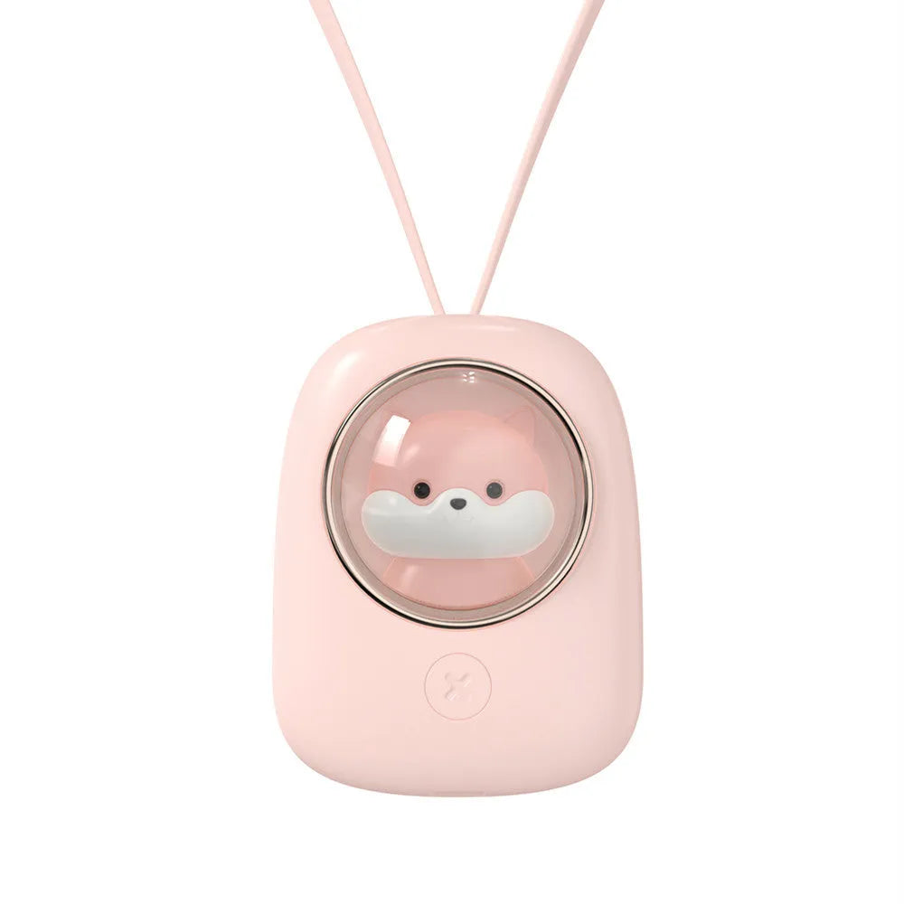 Portable hanging neck fan with USB charging port showing three speed controls and cute animal design