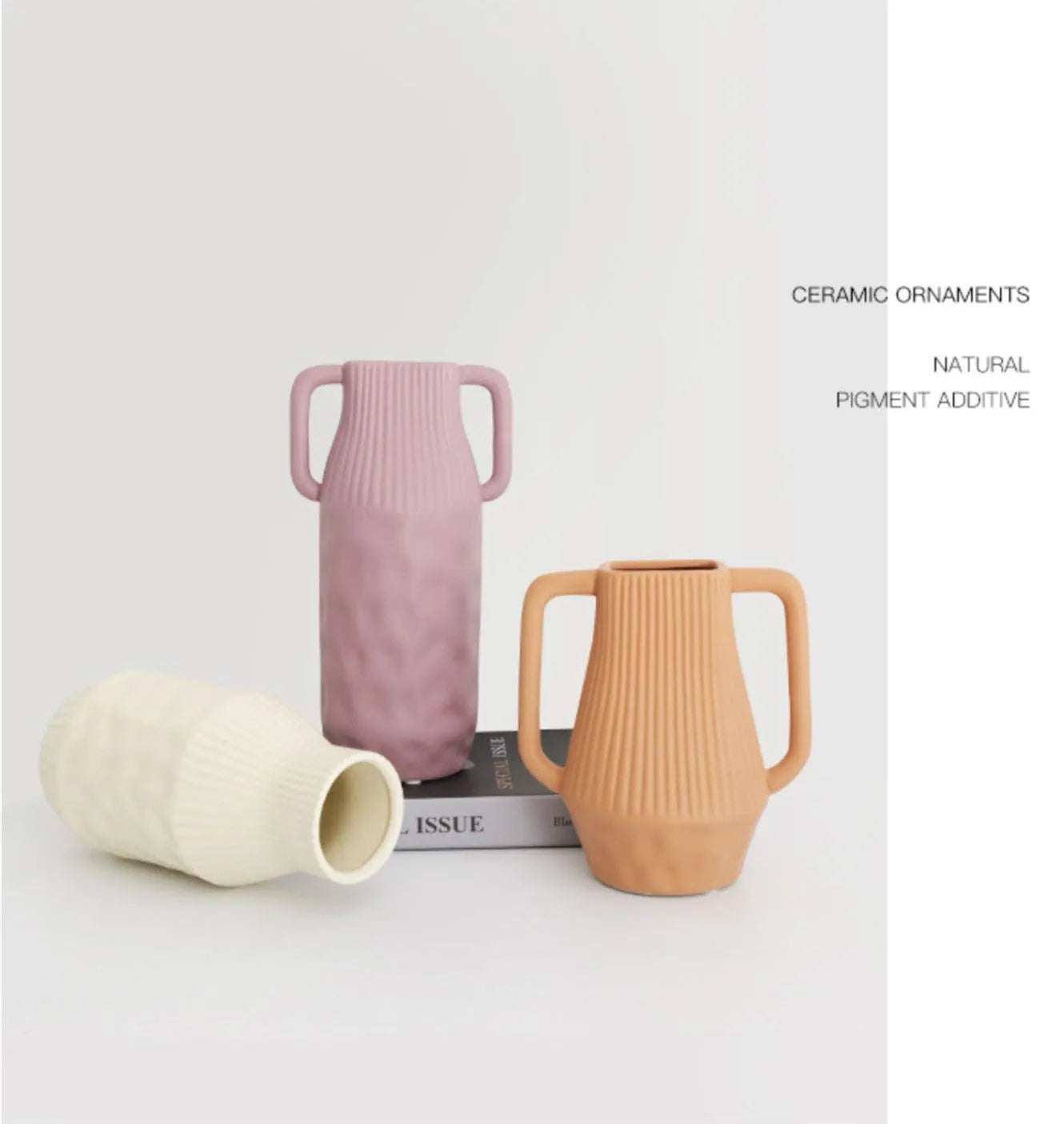 Nordic Morandi style ceramic vase with hammered texture in beige, brown, or purple.