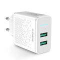 Dual port USB charger with EU standard plug in black and white colour options