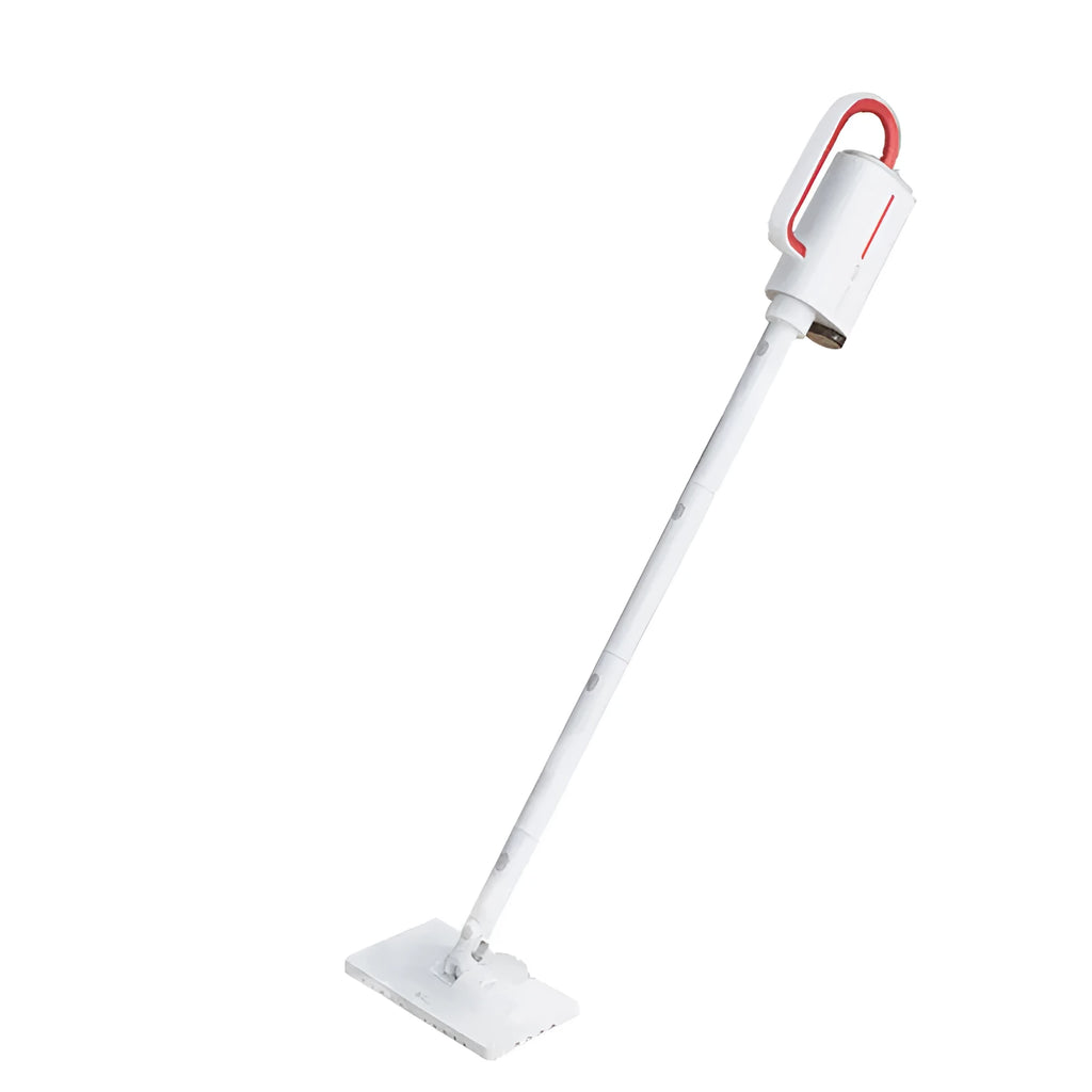 Deerma DEM-ZQ610 white steam cleaner unit with assorted brush heads including a glass scraper and mop.