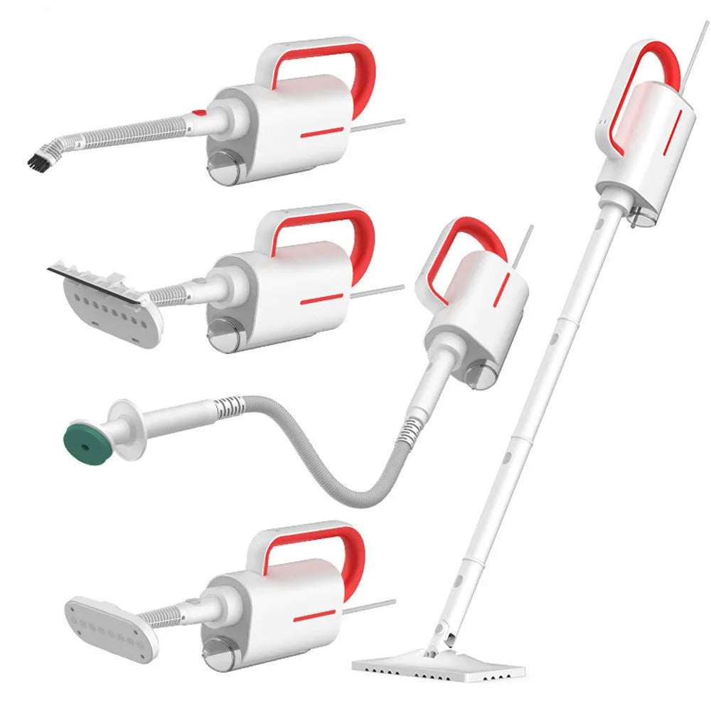 Deerma DEM-ZQ610 white steam cleaner unit with assorted brush heads including a glass scraper and mop.