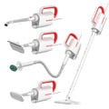 Deerma DEM-ZQ610 white steam cleaner unit with assorted brush heads including a glass scraper and mop.