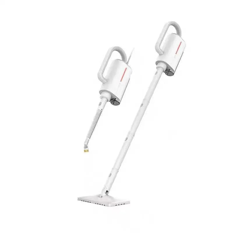 Deerma DEM-ZQ610 white steam cleaner unit with assorted brush heads including a glass scraper and mop.
