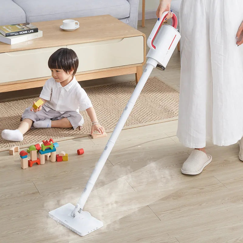Deerma DEM-ZQ610 white steam cleaner unit with assorted brush heads including a glass scraper and mop.