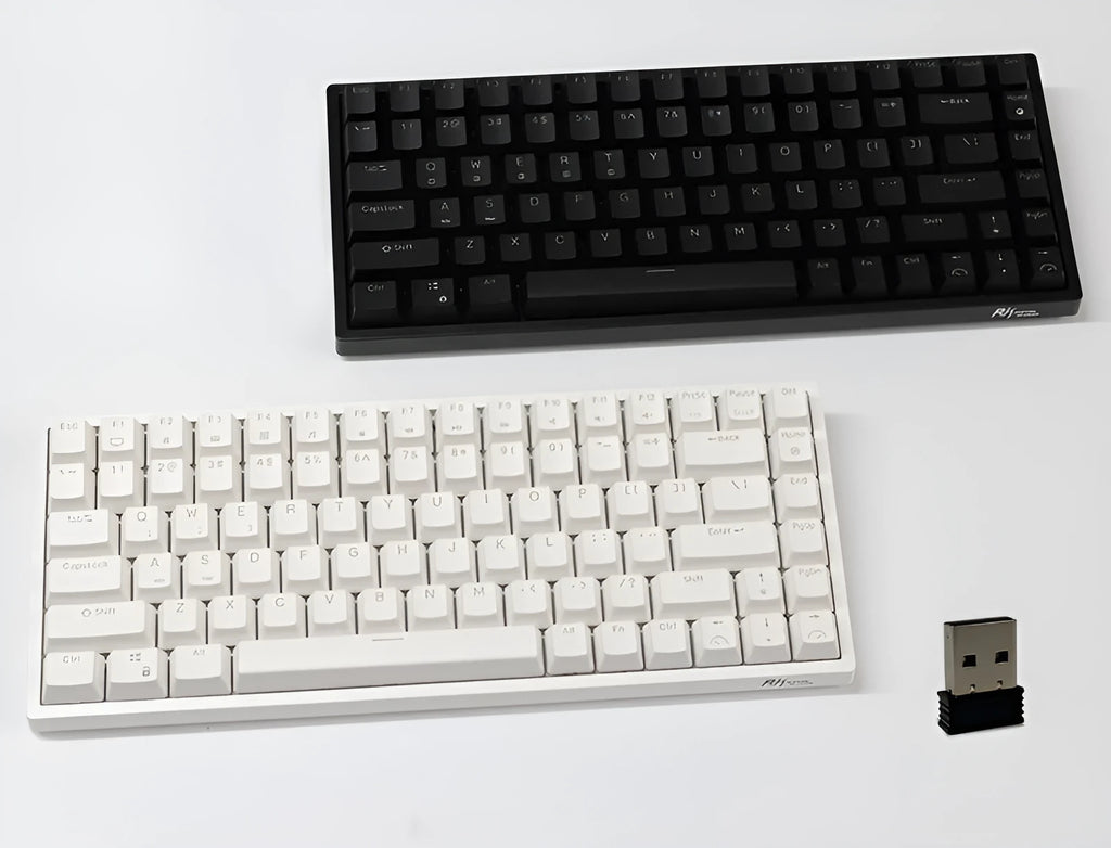 84-key three-mode mechanical keyboard with hot-swappable sockets in white or black case with white backlighting