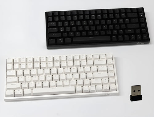 84-key three-mode mechanical keyboard with hot-swappable sockets in white or black case with white backlighting