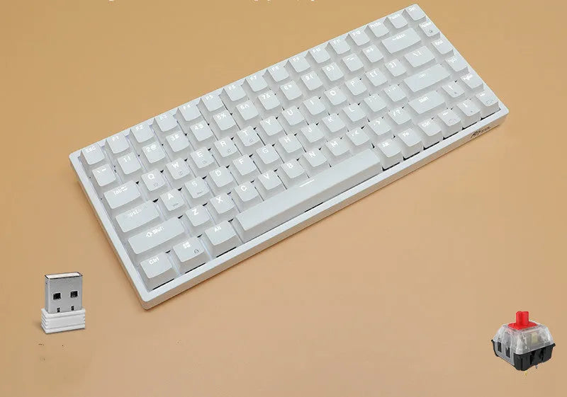 84-key three-mode mechanical keyboard with hot-swappable sockets in white or black case with white backlighting