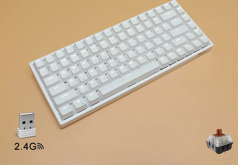 84-key three-mode mechanical keyboard with hot-swappable sockets in white or black case with white backlighting