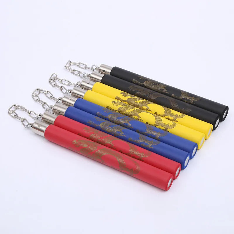 Yinlong sponge nunchaku practice sticks in red, blue, yellow, or black colours showing foam padding