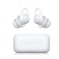 A pair of white soft silicone ear plugs for noise reduction on a clean background.