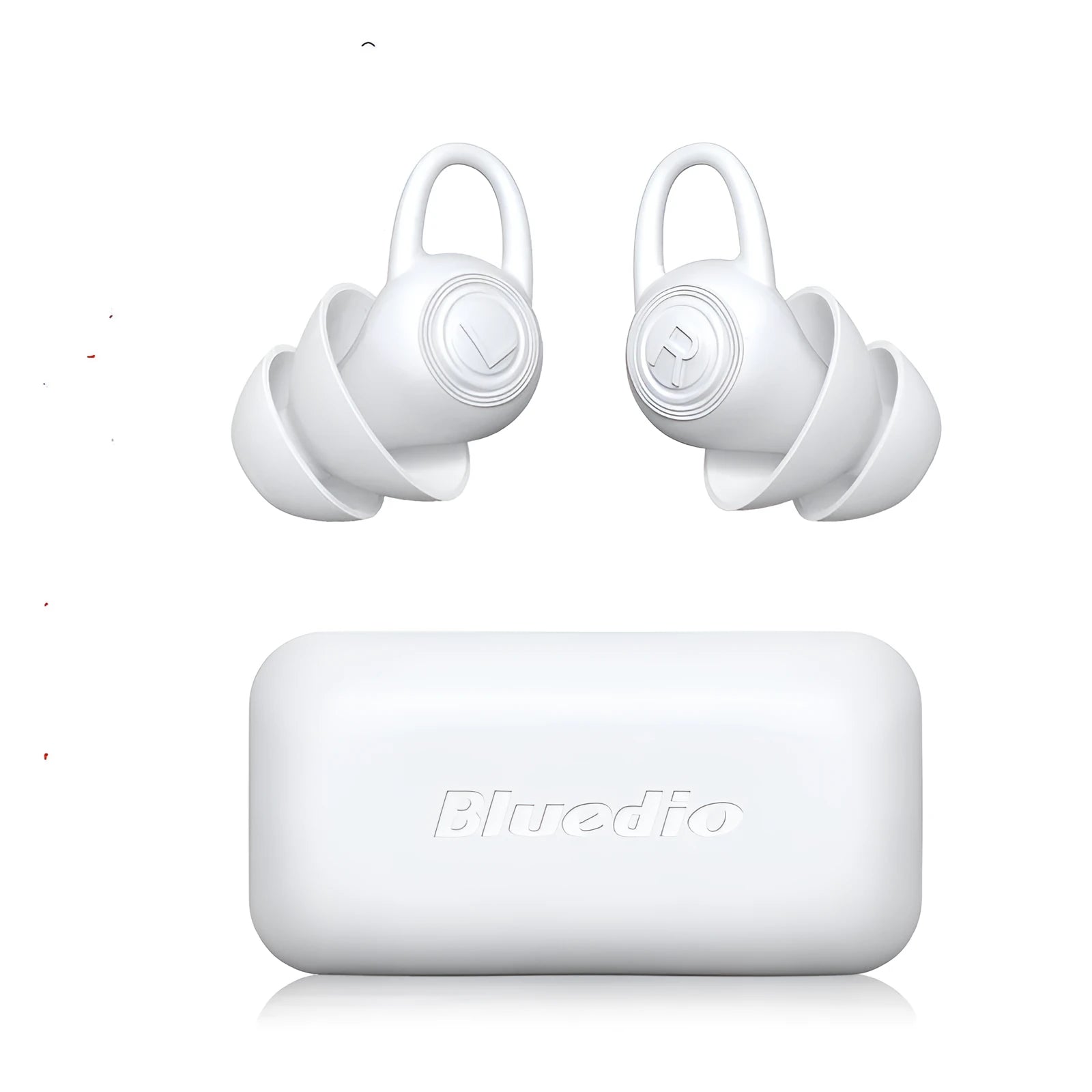 A pair of white soft silicone ear plugs for noise reduction on a clean background.