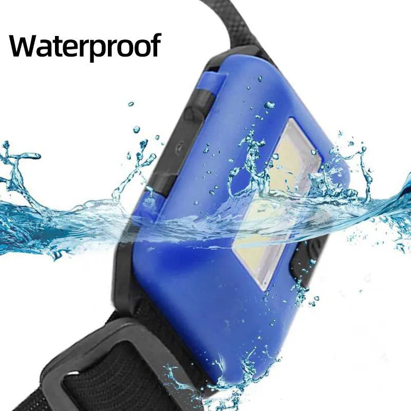 Mini outdoor COB LED headlight with adjustable polyester headband in black, blue, red, or white