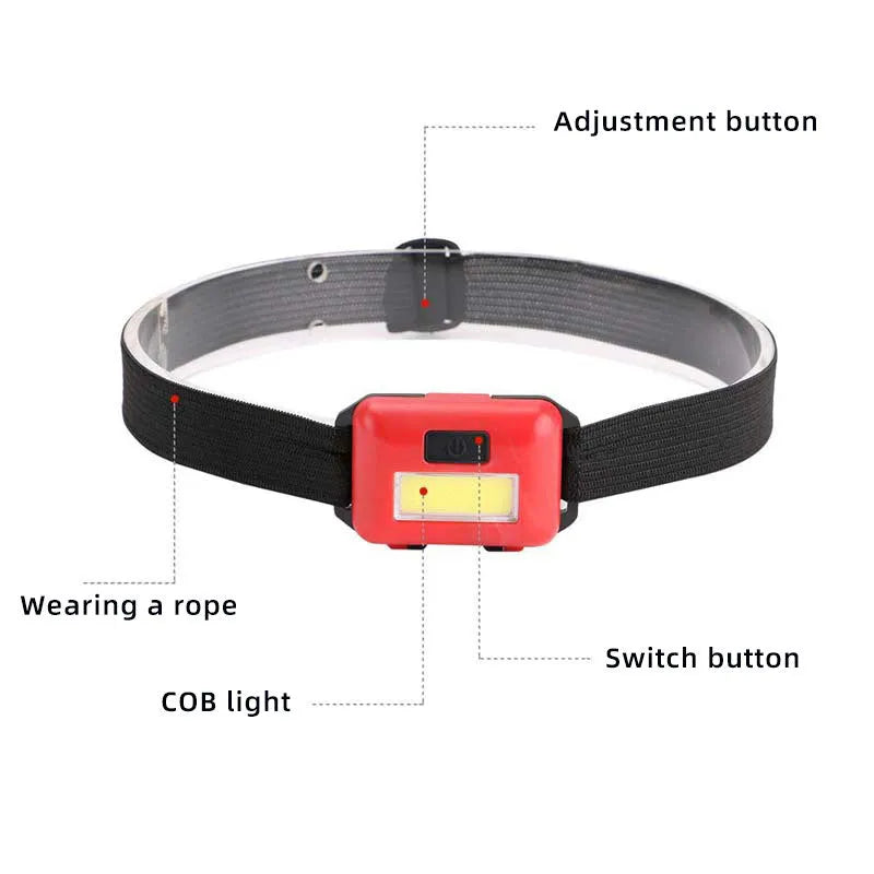 Mini outdoor COB LED headlight with adjustable polyester headband in black, blue, red, or white