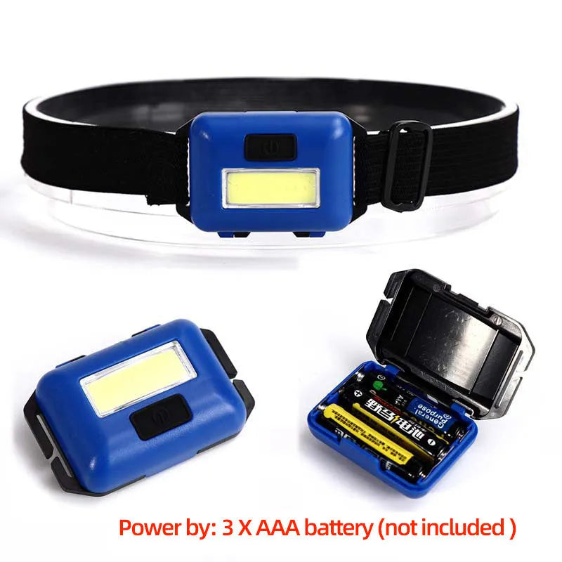 Mini outdoor COB LED headlight with adjustable polyester headband in black, blue, red, or white