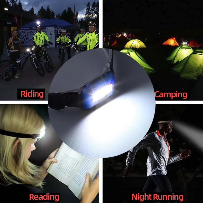 Mini outdoor COB LED headlight with adjustable polyester headband in black, blue, red, or white