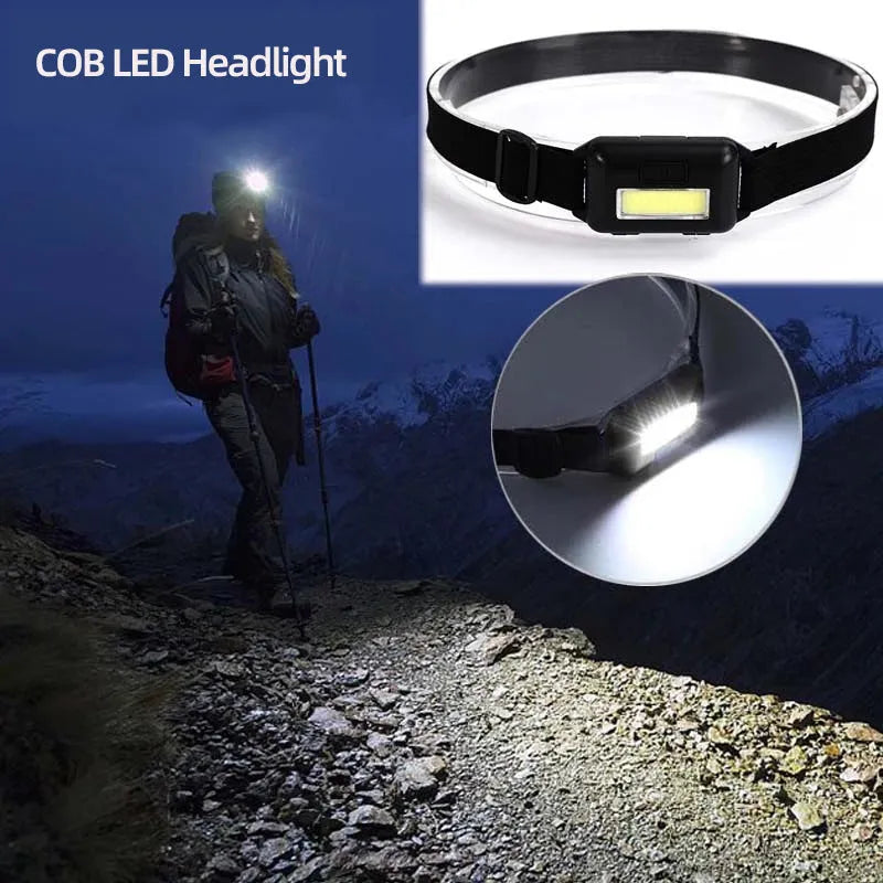 Mini outdoor COB LED headlight with adjustable polyester headband in black, blue, red, or white