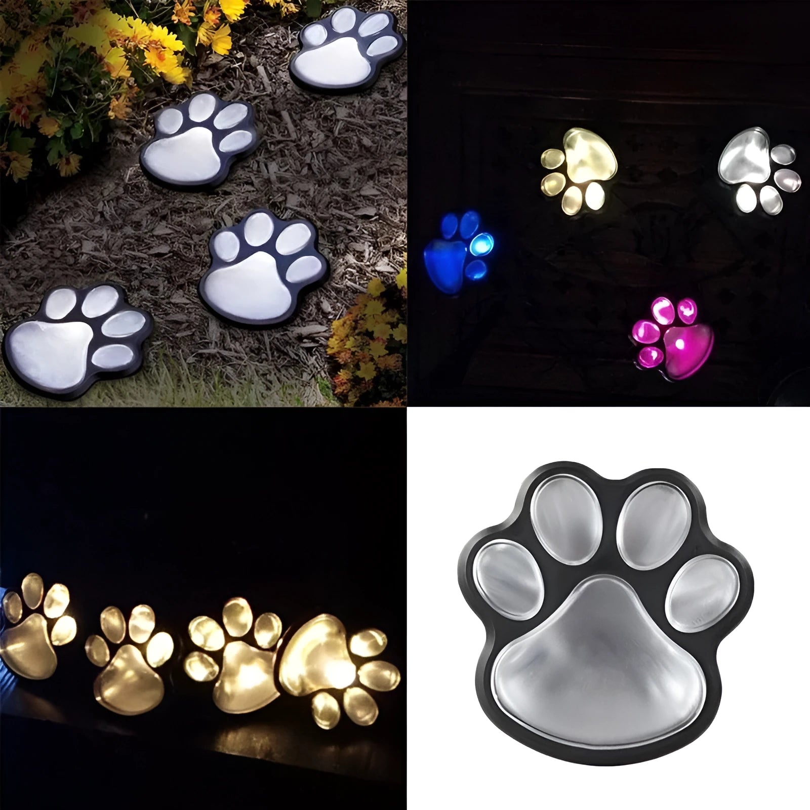 Black solar powered animal paw print garden lights with four paw shapes connected to solar panel