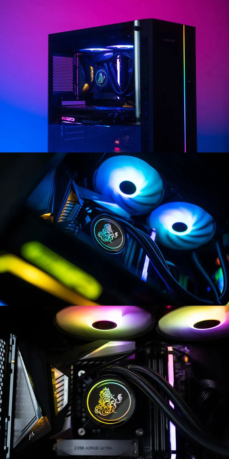Kirin 240mm copper-aluminium CPU water cooling radiator with two ARGB fans attached.