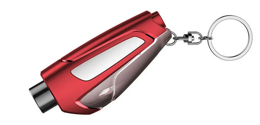 Multifunctional window breaker keychain tool in black, blue, and red with tungsten steel tip and seatbelt cutter