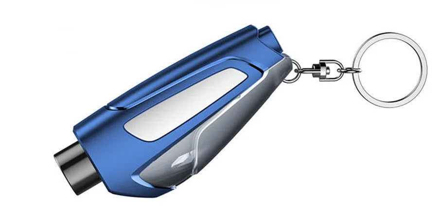 Multifunctional window breaker keychain tool in black, blue, and red with tungsten steel tip and seatbelt cutter