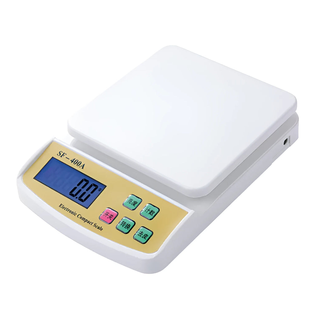 SF-400A black digital kitchen scale on a countertop showing a weight reading.