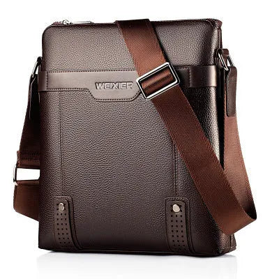 Black PU leather men's casual shoulder bag with a single strap and zipper, shown in a square vertical shape.