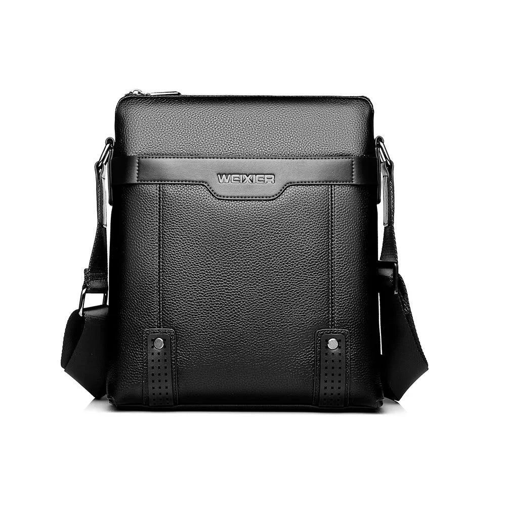Black PU leather men's casual shoulder bag with a single strap and zipper, shown in a square vertical shape.