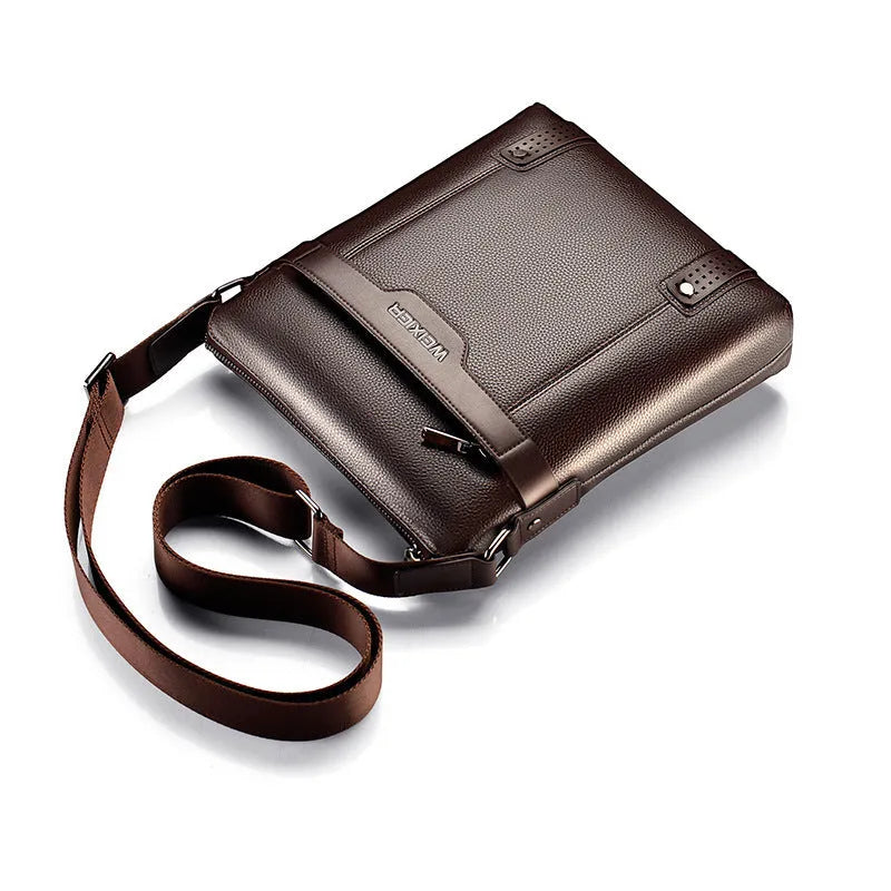 Black PU leather men's casual shoulder bag with a single strap and zipper, shown in a square vertical shape.