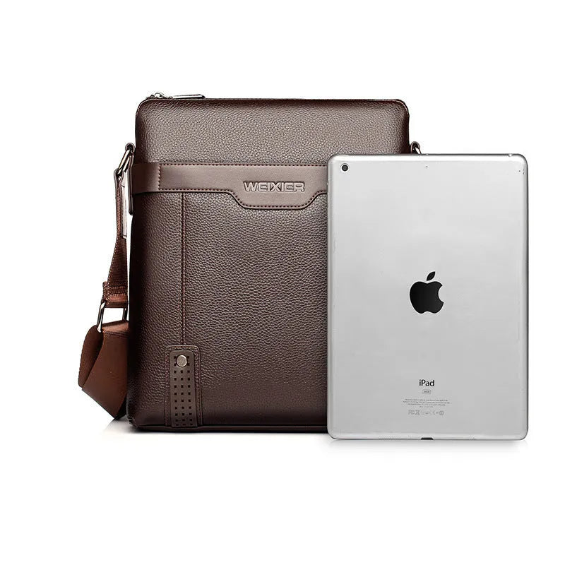 Black PU leather men's casual shoulder bag with a single strap and zipper, shown in a square vertical shape.