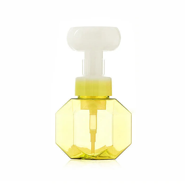 Soft non-woven fabric flower foam bottle for kids in pink, green, blue, and yellow colour options.