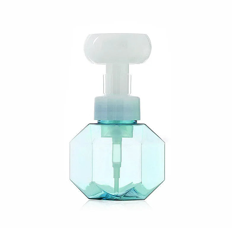 Soft non-woven fabric flower foam bottle for kids in pink, green, blue, and yellow colour options.