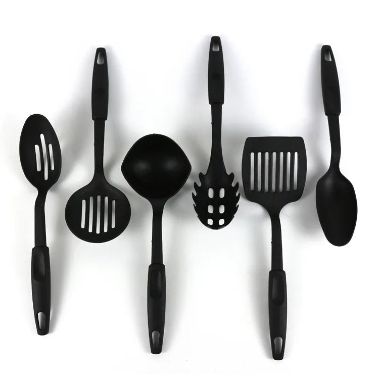 Black rubber shovel spoon kitchen utensil set for non-stick pans.