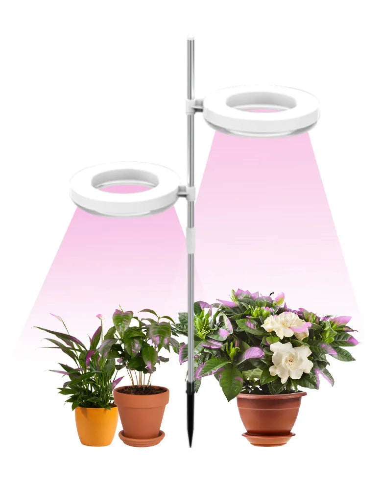 Compact LED plant growth lamp on desk with dual light heads emitting full spectrum light