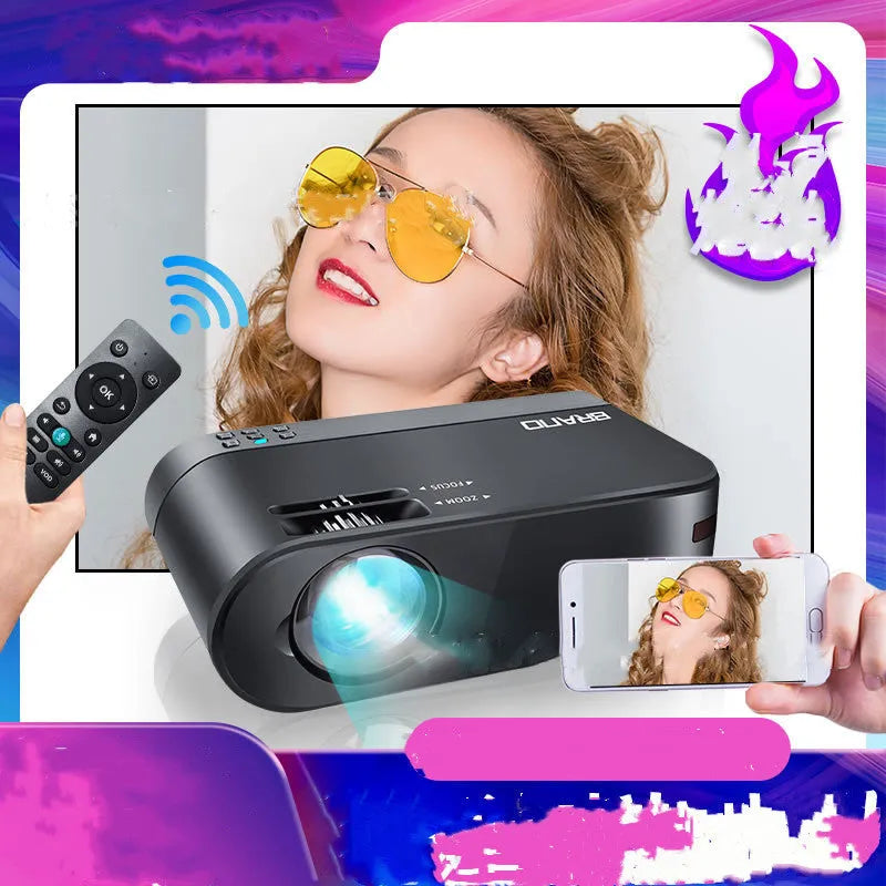 Portable Wi-Fi projector with Android system and side projection ports.