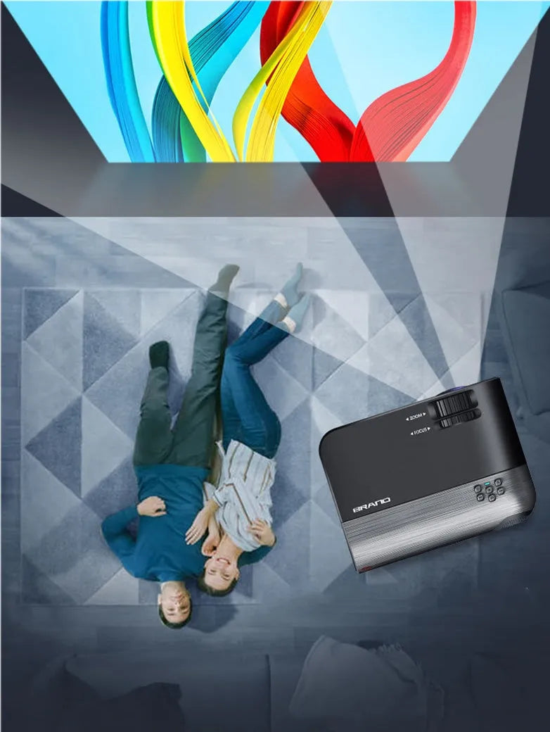 Portable Wi-Fi projector with Android system and side projection ports.