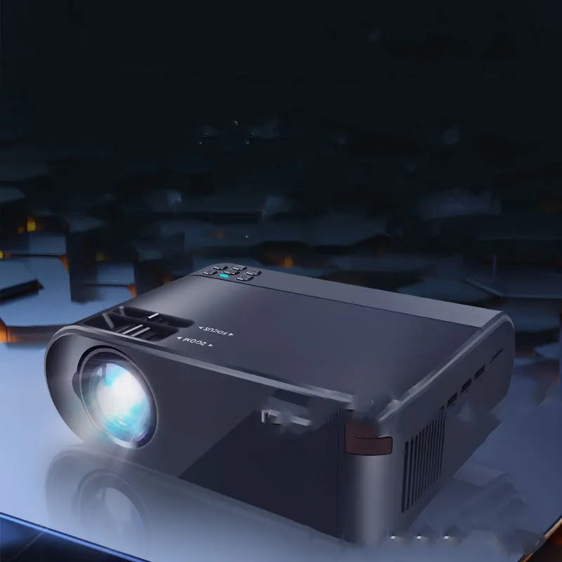 Portable Wi-Fi projector with Android system and side projection ports.
