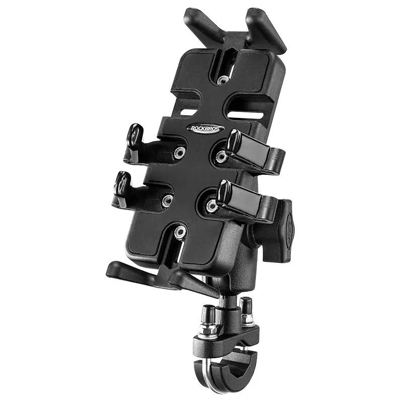 Black nylon universal phone mount clamped to a u-shaped motorcycle or bicycle handlebar.