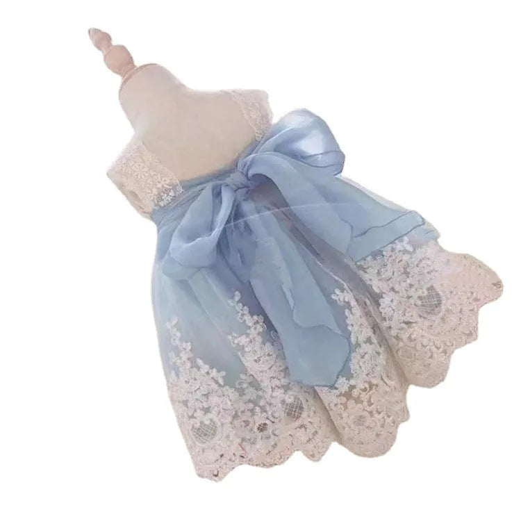 Ocean blue baby girl princess dress with lace details showing front and back views