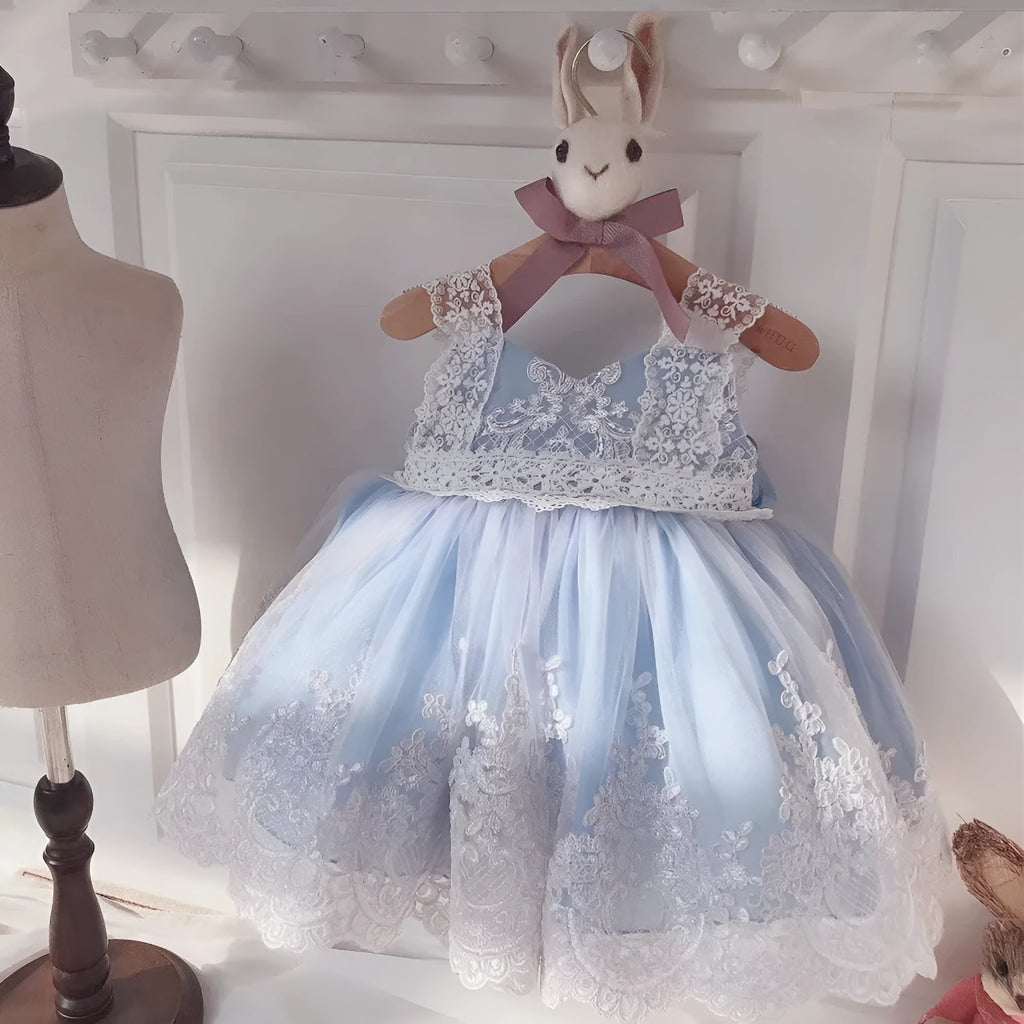 Ocean blue baby girl princess dress with lace details showing front and back views