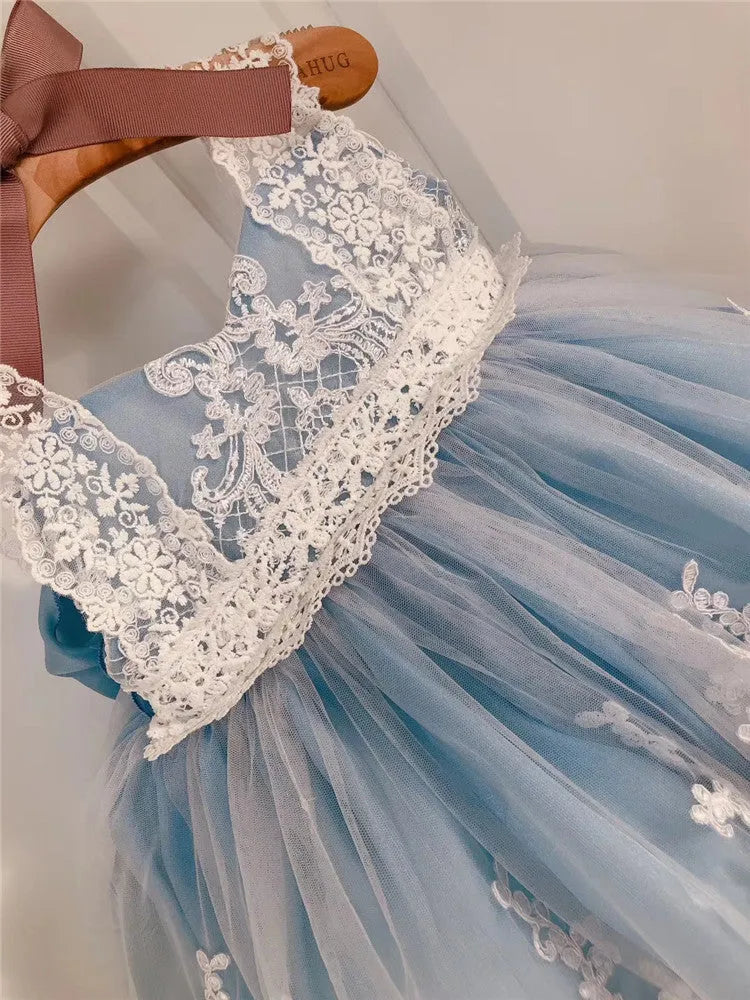 Ocean blue baby girl princess dress with lace details showing front and back views