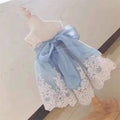 Ocean blue baby girl princess dress with lace details showing front and back views