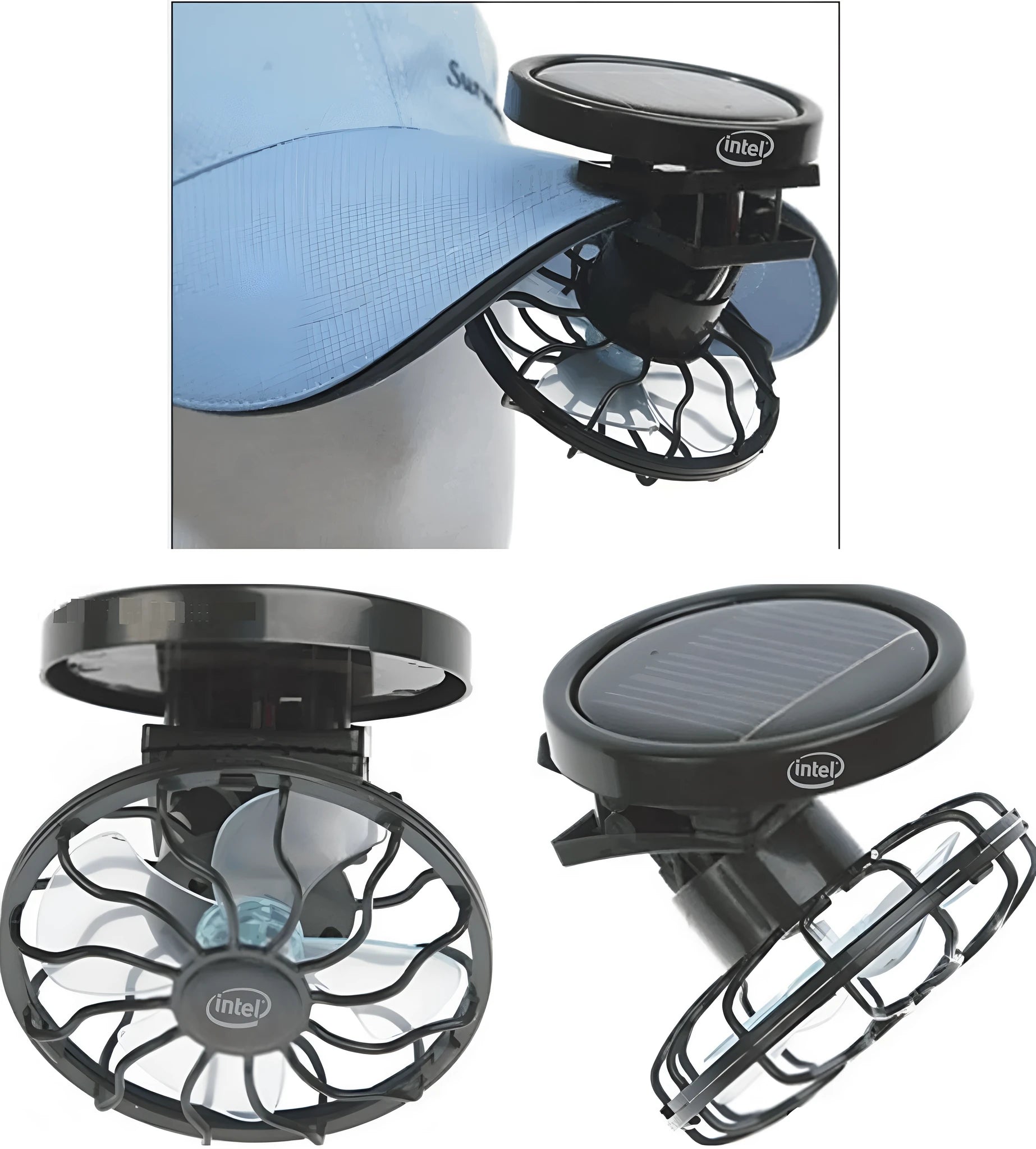 Black clip-on portable solar fan for outdoor cooling during camping and fishing trips.