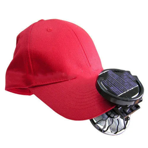 Black clip-on portable solar fan for outdoor cooling during camping and fishing trips.