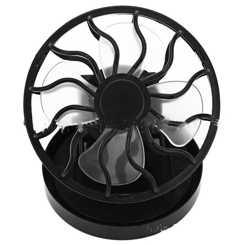 Black clip-on portable solar fan for outdoor cooling during camping and fishing trips.