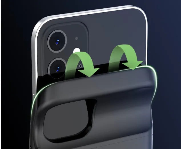 Black TPU soft bag wireless back clip battery for iPhone 12 showing ultra-thin design and clip attachment