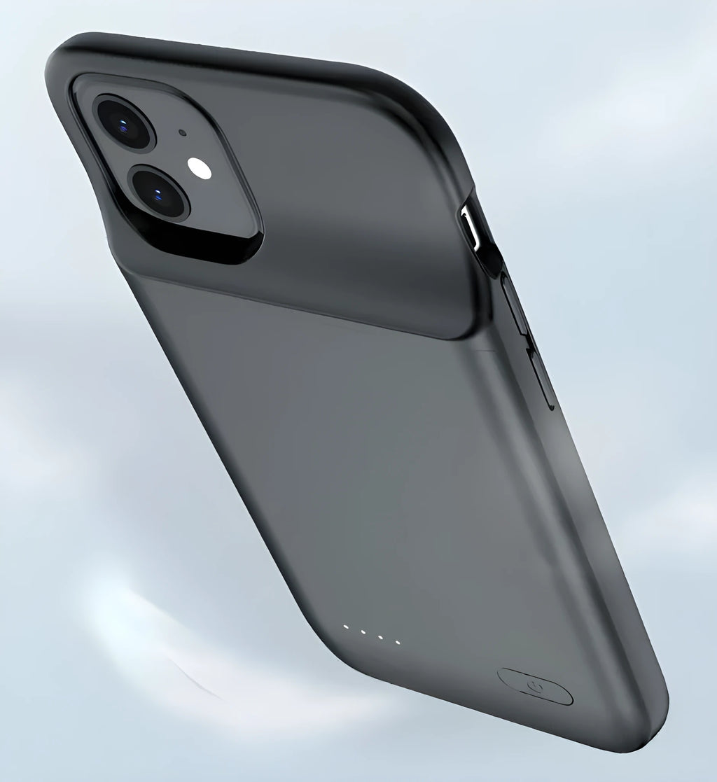 Black TPU soft bag wireless back clip battery for iPhone 12 showing ultra-thin design and clip attachment