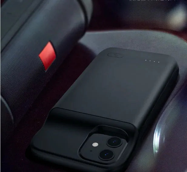 Black TPU soft bag wireless back clip battery for iPhone 12 showing ultra-thin design and clip attachment