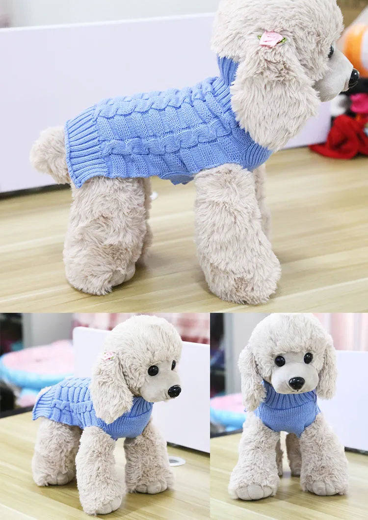 Cashmere twisted rope pattern dog sweater in blue colour on a mannequin showing chest and back coverage